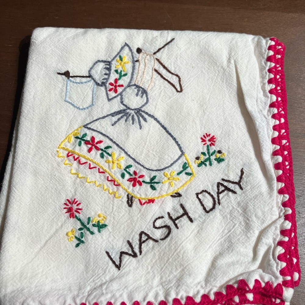 Vintage Embroidered Flour Cloth with Red Trim